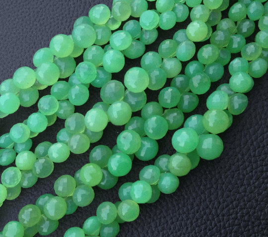 New Stock, 7 Inches Strand, Rare PARROT GREEN Chalcedony Micro Faceted Onions Briolettes,8-9mm Long size,GORGEOUS.