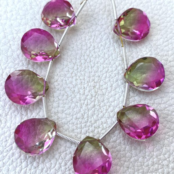 4 Matched pairs, SUPER Doublet Watermelon Quartz Faceted CUT Heart Shape Briolettes,12x14mm Size,Finest Item.