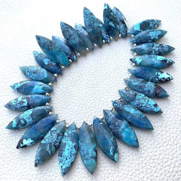 Brand New, 2 Matched Pairs,Natural Blue Chrysocolla Faceted Marquise Shape Briolettes,30x10mm Size,Amazing Rare Item.