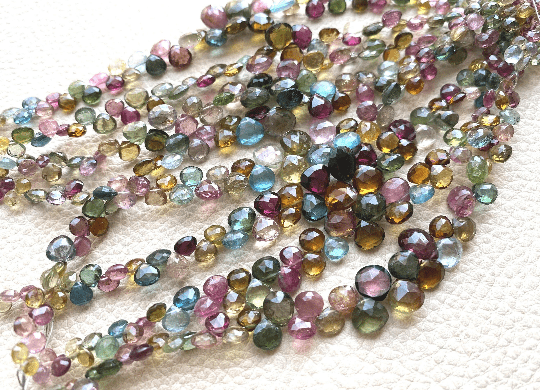 Brand New, Natural Multi TOURMALINE Faceted Heart Shape Briolettes,Full 6 Inch Long Strand,7-4mm size,Finest Tourmaline at Low Price.