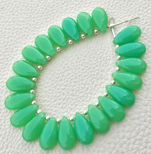 Brand New, 4 Matched Pairs, 15x7mm Long aprx., CHRYSOPRASE Green Chalcedony Smooth Pear Briolettes,Amazing Item at Low Price