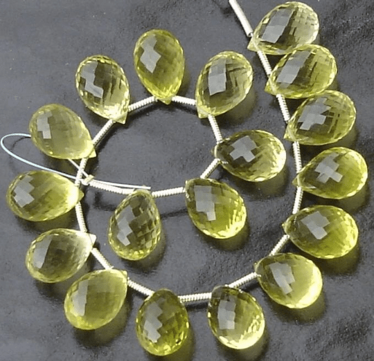 3 Matched Pair of GREEN LEMON Quartz Micro Faceted Drops Briolettes, Best AAA Quality, 14X9mm, Faceted Drops