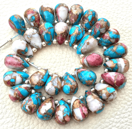 3 Matched Pair, RED-SKY OYSTER Copper Turquoise Smooth Drops Shape Briolettes, 12x8mm size.Superb Item at Low Price