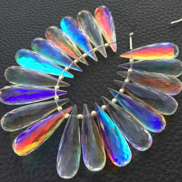Brand New, 30x9mm Elongated Faceted Drops,FIRE RAINBOW Moonstone Quartz Faceted,Superb FIRE Flashy,4 Matched Pairs