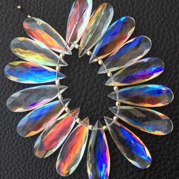 Brand New, 30x10mm Elongated Faceted Pear,FIRE RAINBOW Moonstone Quartz Faceted,Superb FIRE Flashy,4 Matched Pairs.