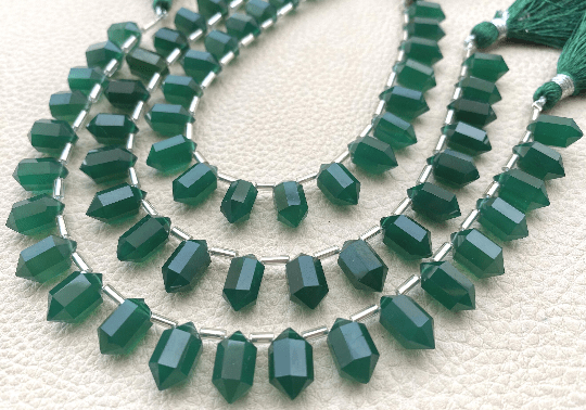 Full 7 Inch Long Strand,Green Onyx Faceted 2 Side Pointed Pencil Shape Brilettes,12-11mm Long Shape Briolettes,Amazing Item.