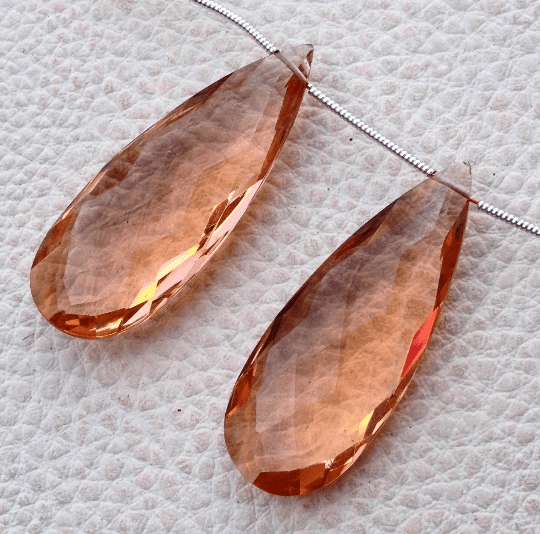 AMAZING Superb Amazing Matched Pair, 40x15mm Long, CHAMPAGNE Quartz Elongated Faceted Pear pair.Low Price